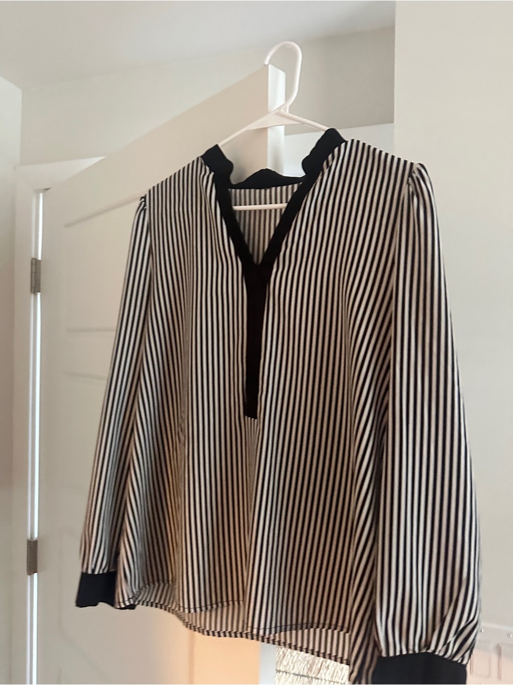 Black and White Striped Women’s Blouse - Classic V-Neck